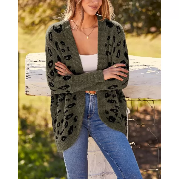 BTFBM Women Fashion Leopard Print Long Sleeve Sweater Cardigan Loose Knit Open Front Fall Winter Outwear CoatsLeopard Army Green
