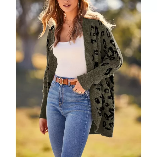 BTFBM Women Fashion Leopard Print Long Sleeve Sweater Cardigan Loose Knit Open Front Fall Winter Outwear CoatsLeopard Army Green