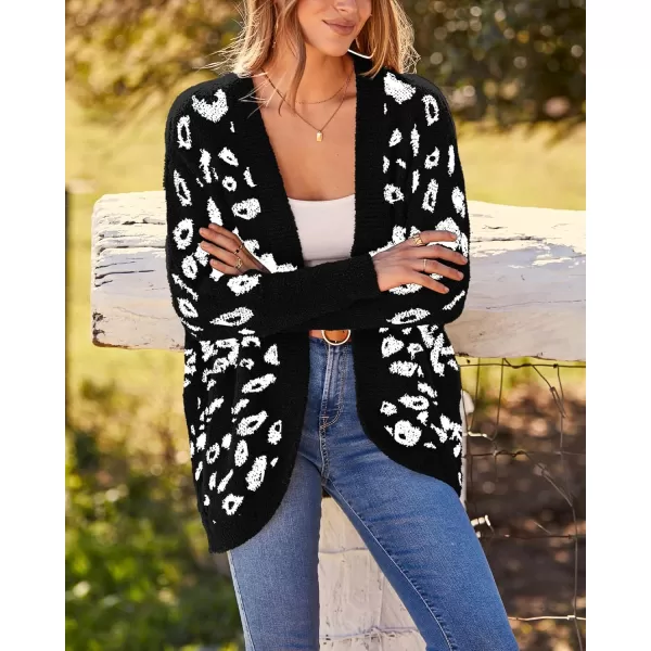 BTFBM Women Fashion Leopard Print Long Sleeve Sweater Cardigan Loose Knit Open Front Fall Winter Outwear CoatsLeopard Black