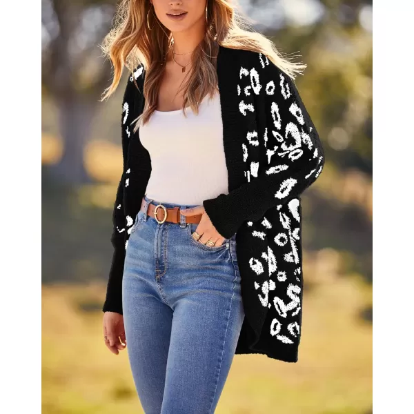 BTFBM Women Fashion Leopard Print Long Sleeve Sweater Cardigan Loose Knit Open Front Fall Winter Outwear CoatsLeopard Black