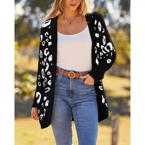BTFBM Women Fashion Leopard Print Long Sleeve Sweater Cardigan Loose Knit Open Front Fall Winter Outwear CoatsLeopard Black