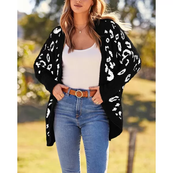 BTFBM Women Fashion Leopard Print Long Sleeve Sweater Cardigan Loose Knit Open Front Fall Winter Outwear CoatsLeopard Black