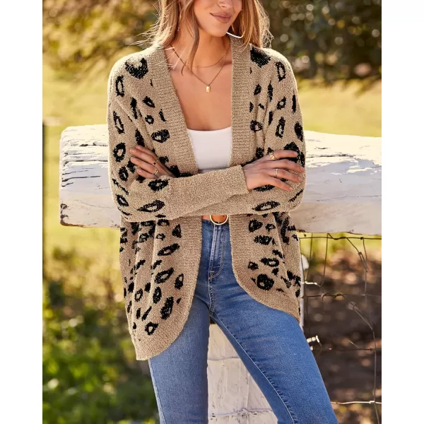 BTFBM Women Fashion Leopard Print Long Sleeve Sweater Cardigan Loose Knit Open Front Fall Winter Outwear CoatsLeopard Khaki