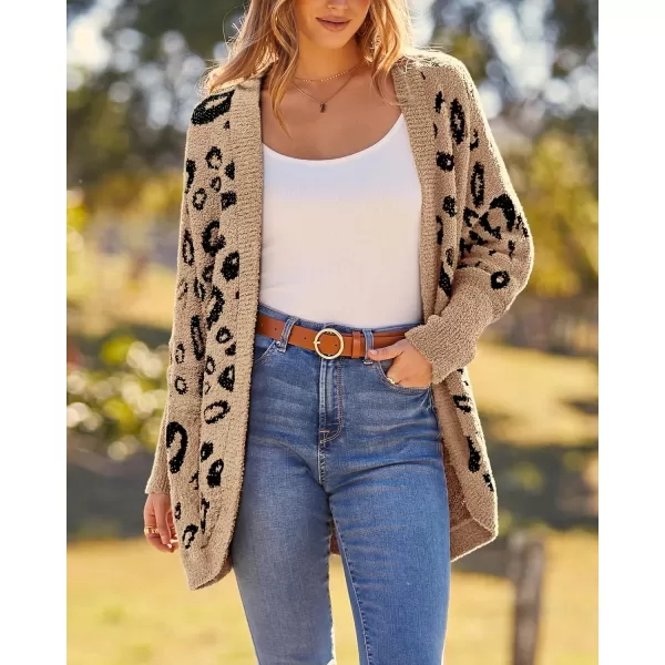 BTFBM Women Fashion Leopard Print Long Sleeve Sweater Cardigan Loose Knit Open Front Fall Winter Outwear CoatsLeopard Khaki