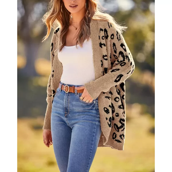 BTFBM Women Fashion Leopard Print Long Sleeve Sweater Cardigan Loose Knit Open Front Fall Winter Outwear CoatsLeopard Khaki