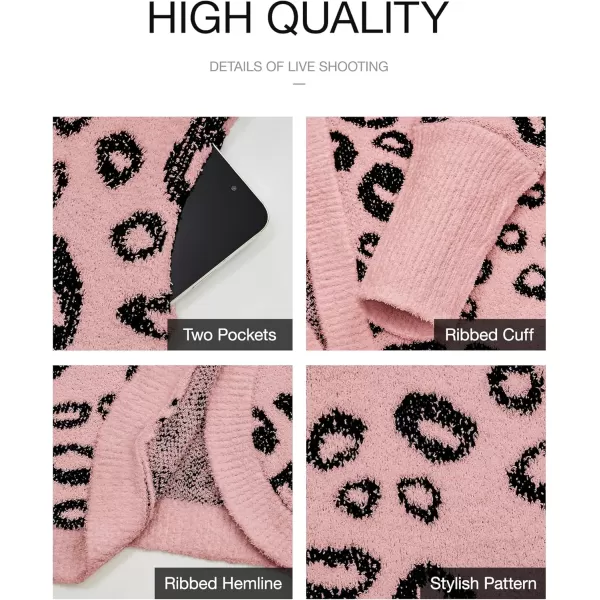 BTFBM Women Fashion Leopard Print Long Sleeve Sweater Cardigan Loose Knit Open Front Fall Winter Outwear CoatsLeopard Pink