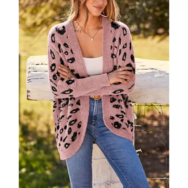 BTFBM Women Fashion Leopard Print Long Sleeve Sweater Cardigan Loose Knit Open Front Fall Winter Outwear CoatsLeopard Pink