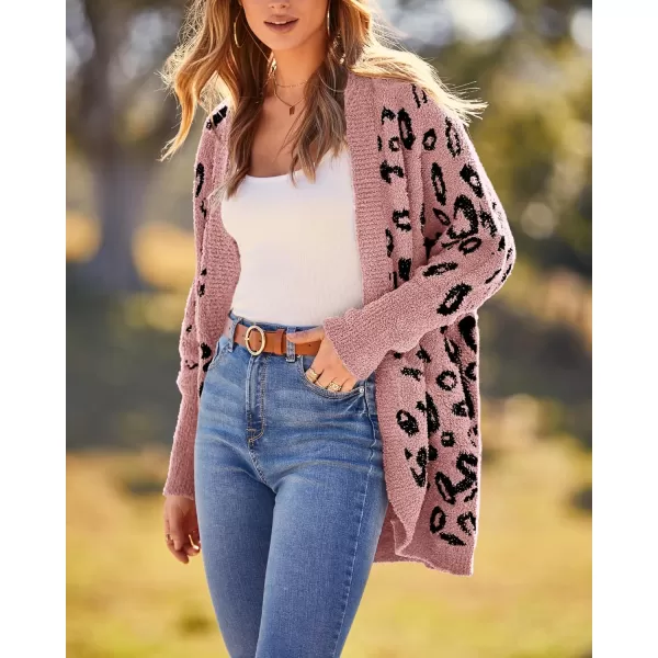 BTFBM Women Fashion Leopard Print Long Sleeve Sweater Cardigan Loose Knit Open Front Fall Winter Outwear CoatsLeopard Pink