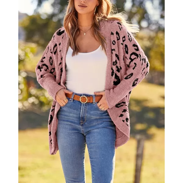 BTFBM Women Fashion Leopard Print Long Sleeve Sweater Cardigan Loose Knit Open Front Fall Winter Outwear CoatsLeopard Pink