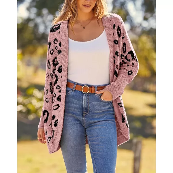 BTFBM Women Fashion Leopard Print Long Sleeve Sweater Cardigan Loose Knit Open Front Fall Winter Outwear CoatsLeopard Pink