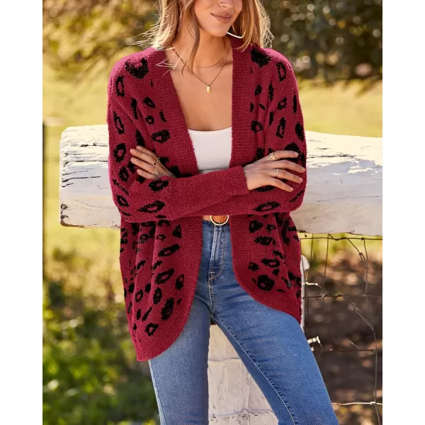 BTFBM Women Fashion Leopard Print Long Sleeve Sweater Cardigan Loose Knit Open Front Fall Winter Outwear CoatsLeopard Red