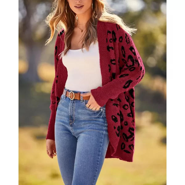 BTFBM Women Fashion Leopard Print Long Sleeve Sweater Cardigan Loose Knit Open Front Fall Winter Outwear CoatsLeopard Red