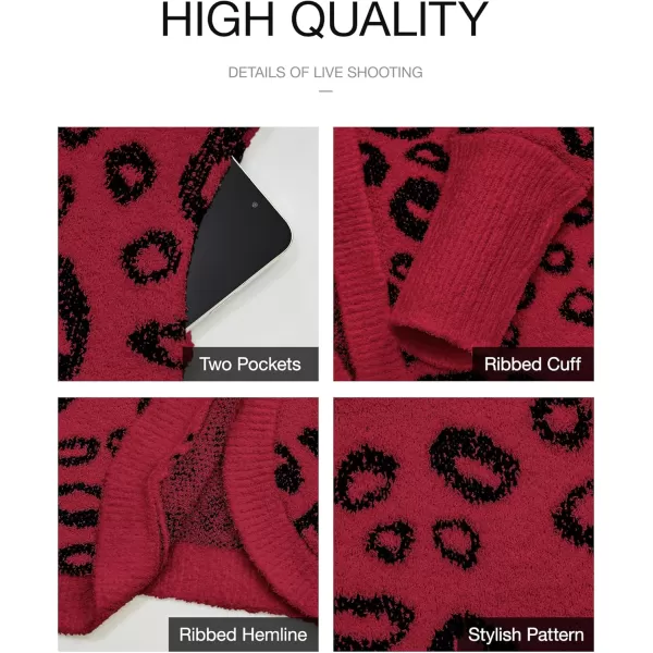 BTFBM Women Fashion Leopard Print Long Sleeve Sweater Cardigan Loose Knit Open Front Fall Winter Outwear CoatsLeopard Red