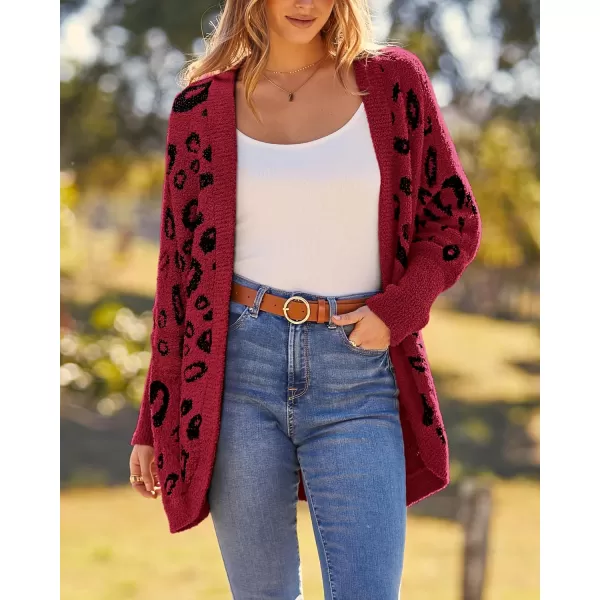 BTFBM Women Fashion Leopard Print Long Sleeve Sweater Cardigan Loose Knit Open Front Fall Winter Outwear CoatsLeopard Red
