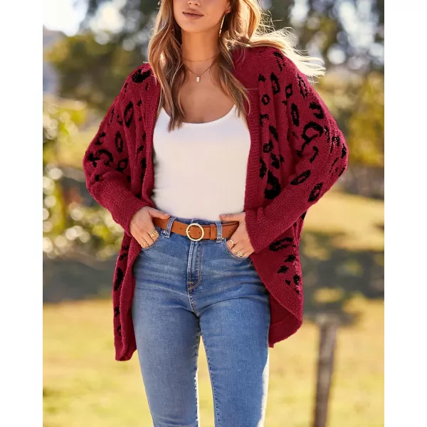BTFBM Women Fashion Leopard Print Long Sleeve Sweater Cardigan Loose Knit Open Front Fall Winter Outwear CoatsLeopard Red