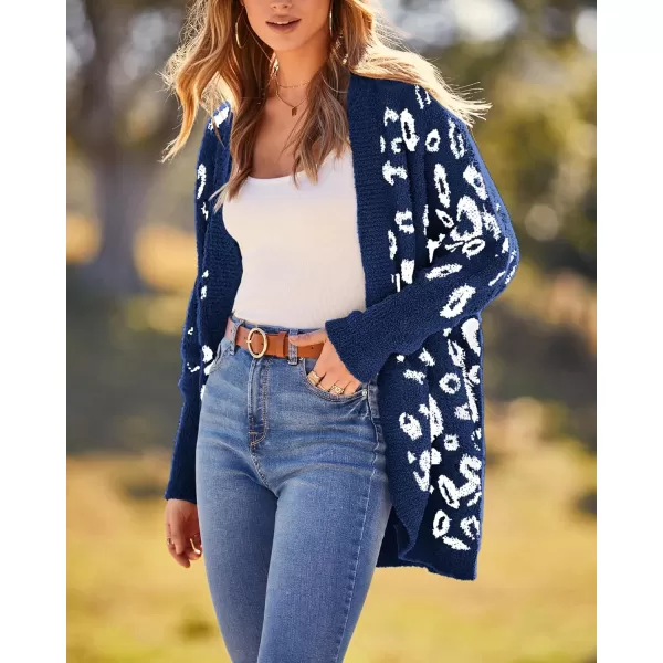 BTFBM Women Fashion Leopard Print Long Sleeve Sweater Cardigan Loose Knit Open Front Fall Winter Outwear CoatsLeopard Royal Blue