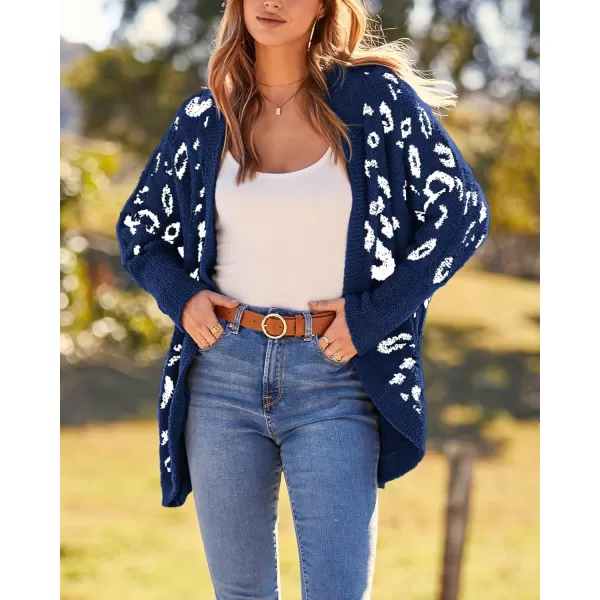 BTFBM Women Fashion Leopard Print Long Sleeve Sweater Cardigan Loose Knit Open Front Fall Winter Outwear CoatsLeopard Royal Blue