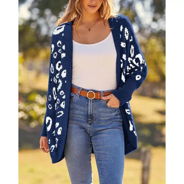 BTFBM Women Fashion Leopard Print Long Sleeve Sweater Cardigan Loose Knit Open Front Fall Winter Outwear CoatsLeopard Royal Blue