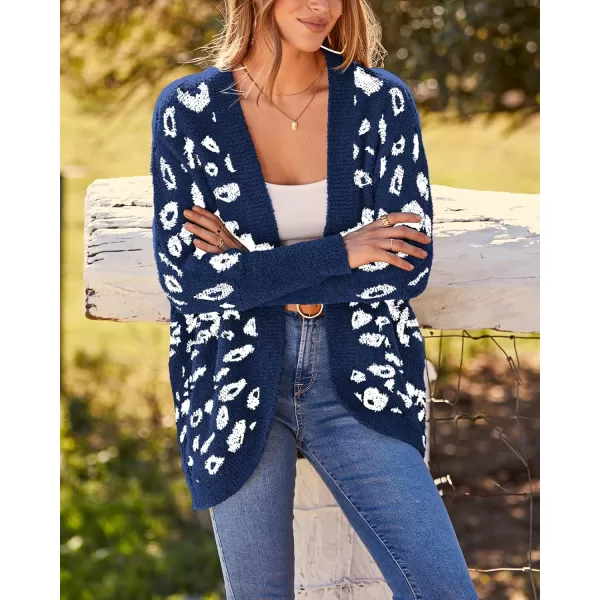 BTFBM Women Fashion Leopard Print Long Sleeve Sweater Cardigan Loose Knit Open Front Fall Winter Outwear CoatsLeopard Royal Blue