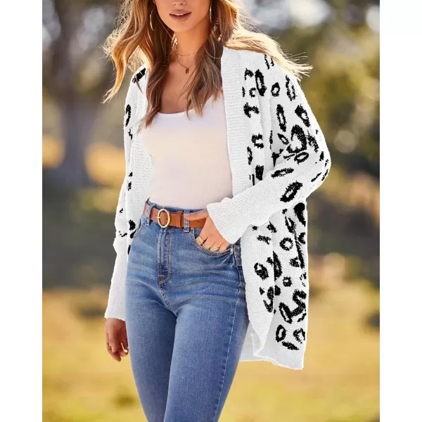 BTFBM Women Fashion Leopard Print Long Sleeve Sweater Cardigan Loose Knit Open Front Fall Winter Outwear CoatsLeopard White