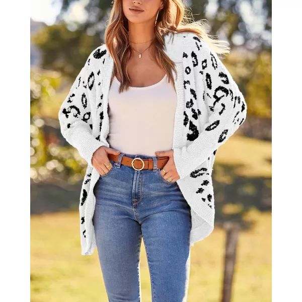 BTFBM Women Fashion Leopard Print Long Sleeve Sweater Cardigan Loose Knit Open Front Fall Winter Outwear CoatsLeopard White