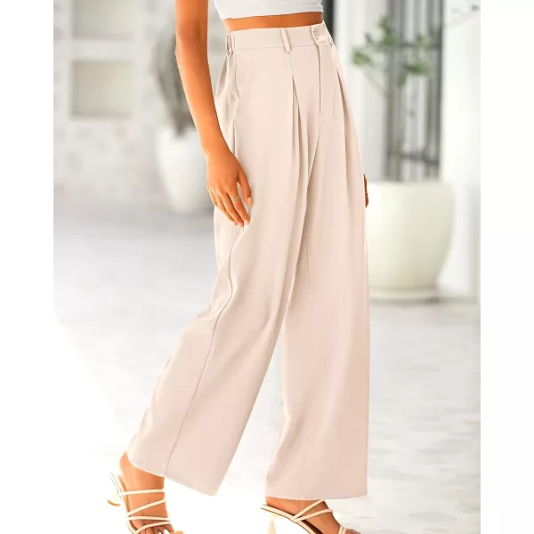 BTFBM Women High Waist Casual Wide Leg Long Palazzo Pants Button Down Loose Business Work Office Trousers with PocketsSolid Beige