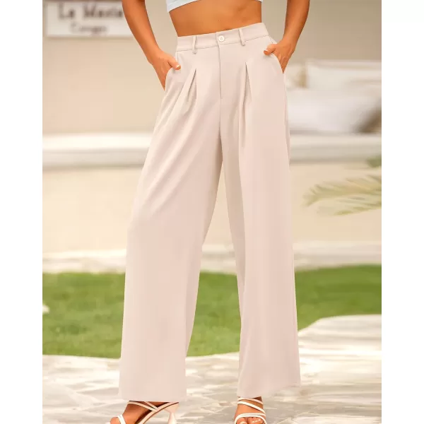 BTFBM Women High Waist Casual Wide Leg Long Palazzo Pants Button Down Loose Business Work Office Trousers with PocketsSolid Beige