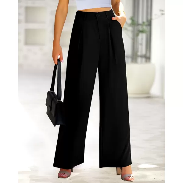BTFBM Women High Waist Casual Wide Leg Long Palazzo Pants Button Down Loose Business Work Office Trousers with PocketsSolid Black