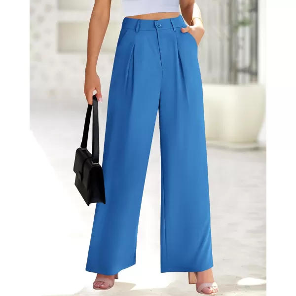 BTFBM Women High Waist Casual Wide Leg Long Palazzo Pants Button Down Loose Business Work Office Trousers with PocketsSolid Blue