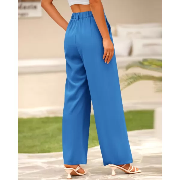 BTFBM Women High Waist Casual Wide Leg Long Palazzo Pants Button Down Loose Business Work Office Trousers with PocketsSolid Blue