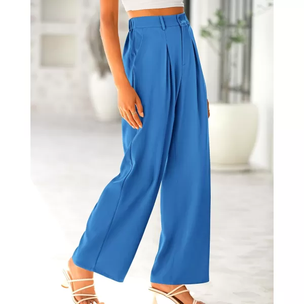 BTFBM Women High Waist Casual Wide Leg Long Palazzo Pants Button Down Loose Business Work Office Trousers with PocketsSolid Blue