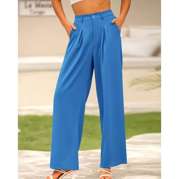 BTFBM Women High Waist Casual Wide Leg Long Palazzo Pants Button Down Loose Business Work Office Trousers with PocketsSolid Blue