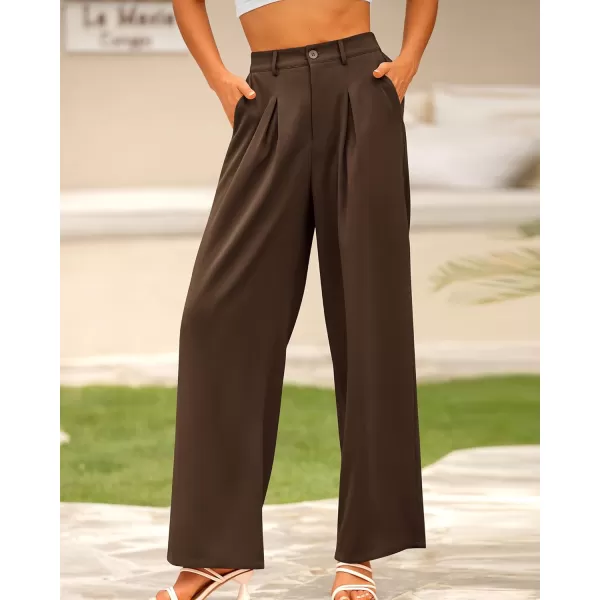 BTFBM Women High Waist Casual Wide Leg Long Palazzo Pants Button Down Loose Business Work Office Trousers with PocketsSolid Coffee