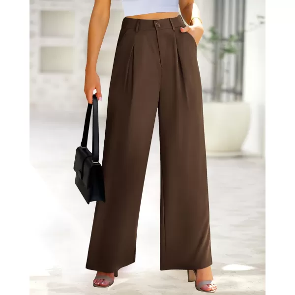 BTFBM Women High Waist Casual Wide Leg Long Palazzo Pants Button Down Loose Business Work Office Trousers with PocketsSolid Coffee