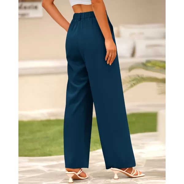BTFBM Women High Waist Casual Wide Leg Long Palazzo Pants Button Down Loose Business Work Office Trousers with PocketsSolid Dark Blue