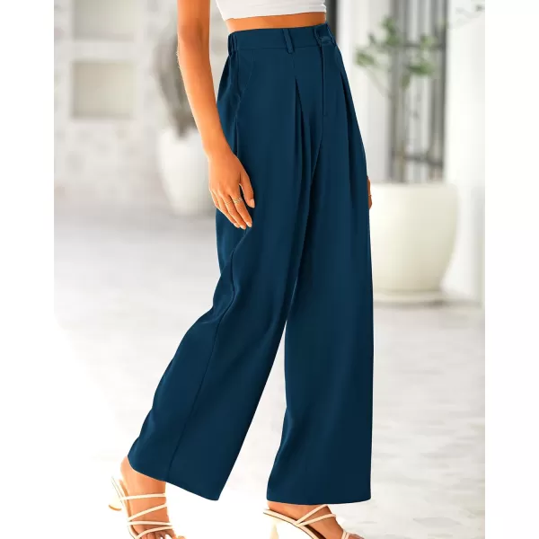 BTFBM Women High Waist Casual Wide Leg Long Palazzo Pants Button Down Loose Business Work Office Trousers with PocketsSolid Dark Blue