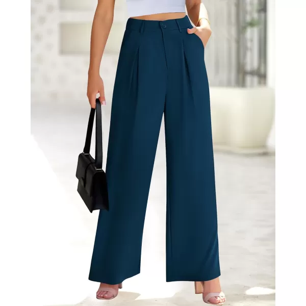 BTFBM Women High Waist Casual Wide Leg Long Palazzo Pants Button Down Loose Business Work Office Trousers with PocketsSolid Dark Blue