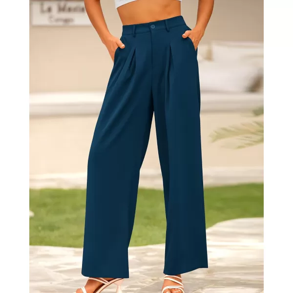 BTFBM Women High Waist Casual Wide Leg Long Palazzo Pants Button Down Loose Business Work Office Trousers with PocketsSolid Dark Blue