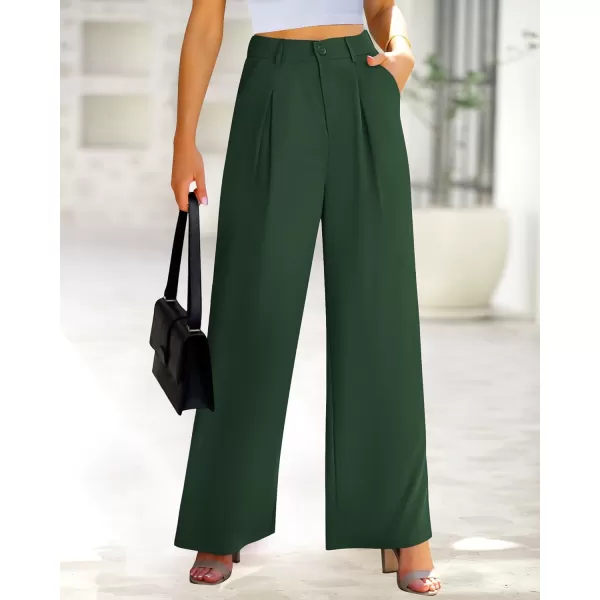 BTFBM Women High Waist Casual Wide Leg Long Palazzo Pants Button Down Loose Business Work Office Trousers with PocketsSolid Dark Green