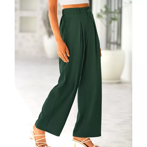 BTFBM Women High Waist Casual Wide Leg Long Palazzo Pants Button Down Loose Business Work Office Trousers with PocketsSolid Dark Green