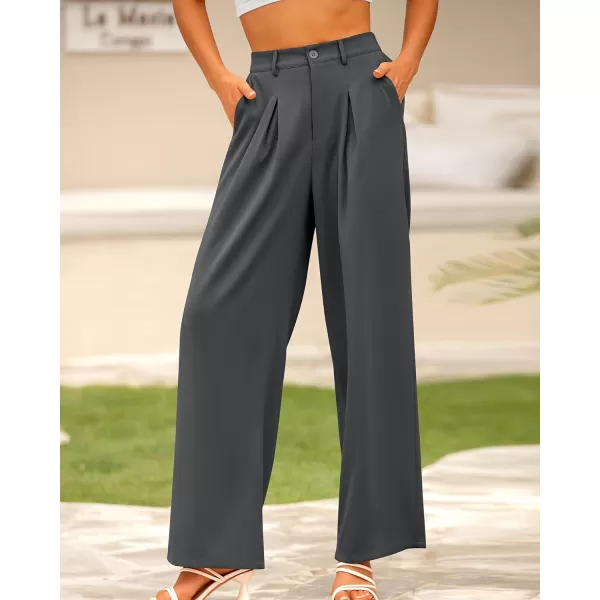 BTFBM Women High Waist Casual Wide Leg Long Palazzo Pants Button Down Loose Business Work Office Trousers with PocketsSolid Dark Grey