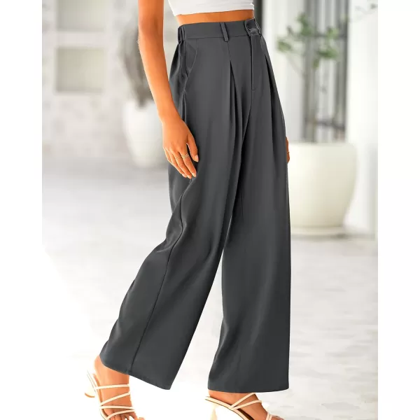 BTFBM Women High Waist Casual Wide Leg Long Palazzo Pants Button Down Loose Business Work Office Trousers with PocketsSolid Dark Grey