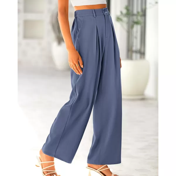 BTFBM Women High Waist Casual Wide Leg Long Palazzo Pants Button Down Loose Business Work Office Trousers with PocketsSolid Grey Blue