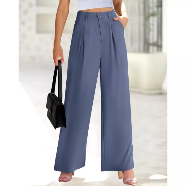 BTFBM Women High Waist Casual Wide Leg Long Palazzo Pants Button Down Loose Business Work Office Trousers with PocketsSolid Grey Blue
