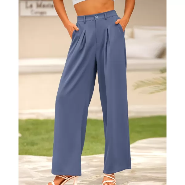 BTFBM Women High Waist Casual Wide Leg Long Palazzo Pants Button Down Loose Business Work Office Trousers with PocketsSolid Grey Blue