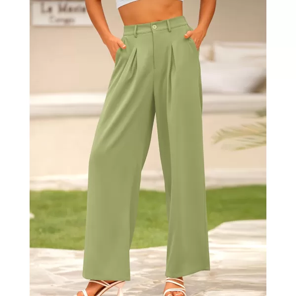 BTFBM Women High Waist Casual Wide Leg Long Palazzo Pants Button Down Loose Business Work Office Trousers with PocketsSolid Light Green