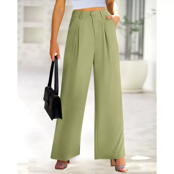BTFBM Women High Waist Casual Wide Leg Long Palazzo Pants Button Down Loose Business Work Office Trousers with PocketsSolid Light Green
