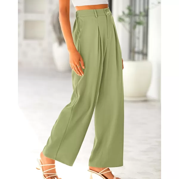 BTFBM Women High Waist Casual Wide Leg Long Palazzo Pants Button Down Loose Business Work Office Trousers with PocketsSolid Light Green