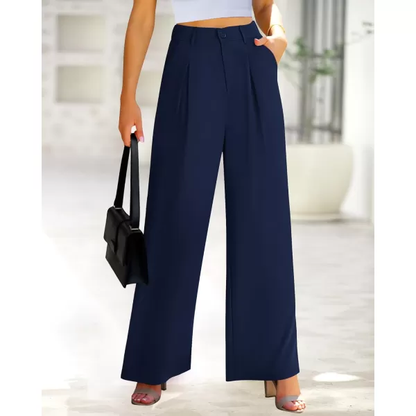 BTFBM Women High Waist Casual Wide Leg Long Palazzo Pants Button Down Loose Business Work Office Trousers with PocketsSolid Navy