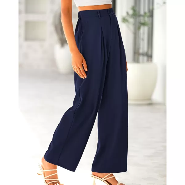 BTFBM Women High Waist Casual Wide Leg Long Palazzo Pants Button Down Loose Business Work Office Trousers with PocketsSolid Navy